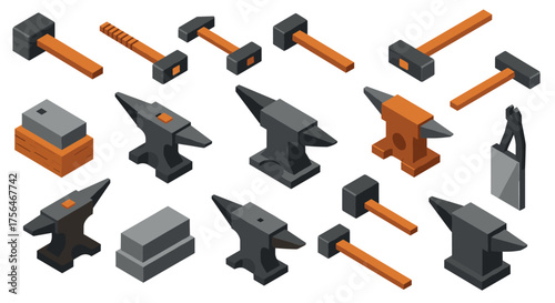 Isometric blacksmith tools set with hammers and anvils in 3d