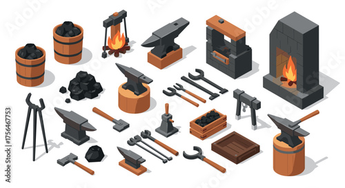 Isometric blacksmith tools collection with anvil and fireplace elements