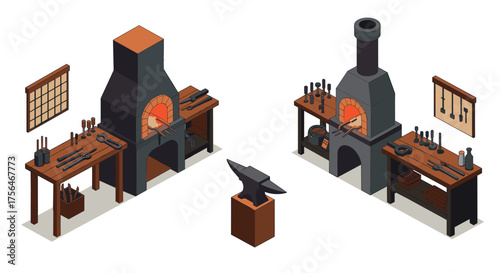 Isometric blacksmith workshop with forge and anvil tools in detailed design