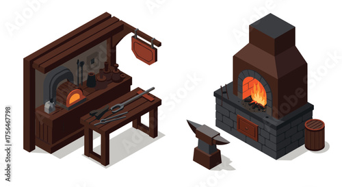 Medieval forge workshop with tools and fireplace in isometric style