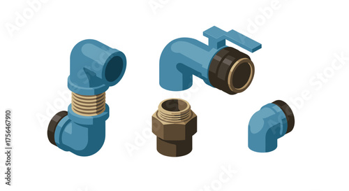 Isometric plumbing components in blue and brown for construction design