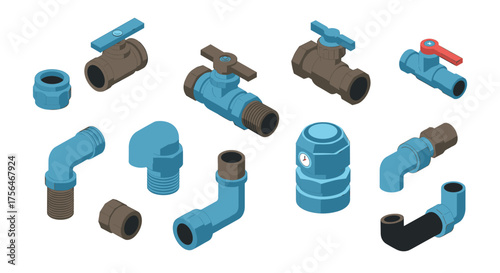 Isometric plumbing components set with valves and pipes