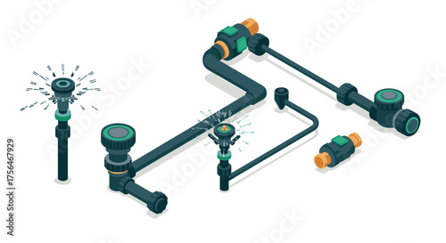 Isometric garden sprinkler system with pipe joinery and water flow elements