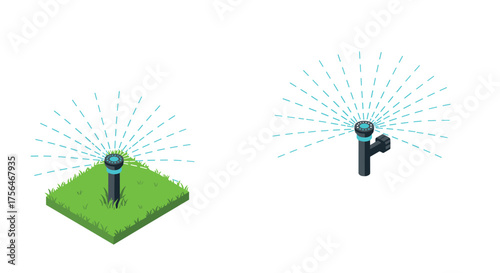Isometric lawn sprinkler system on grass and soil 3d design