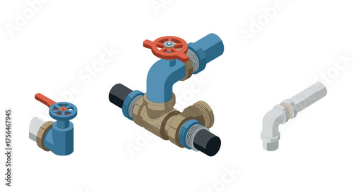 Isometric plumbing pipe system with valves and connectors on white background