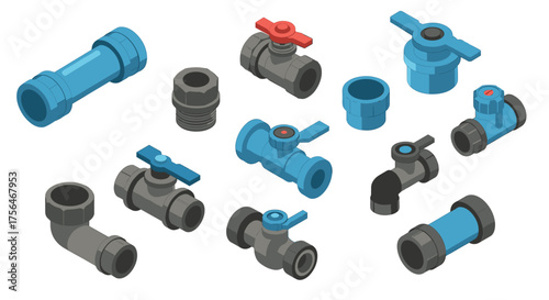 Isometric plumbing components featuring pipes, valves, and connectors in blue…