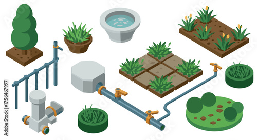 Isometric garden elements with irrigation system: plants, pipes, and pathways