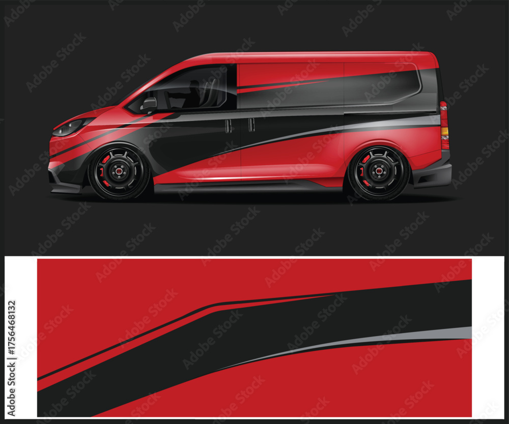 Naklejka premium Red and black abstract racing stripe design for a modern van vehicle wrap
