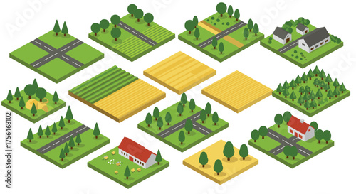 Isometric landscape set featuring houses, roads, forests, and farmland in 3d