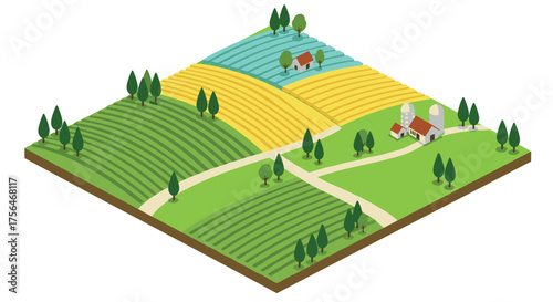 Isometric farm landscape with fields and trees