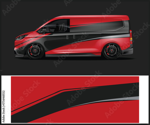 Red and black abstract racing stripe design for a modern van vehicle wrap