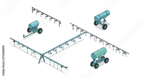 Modern irrigation equipment in isometric design for efficient farming practices