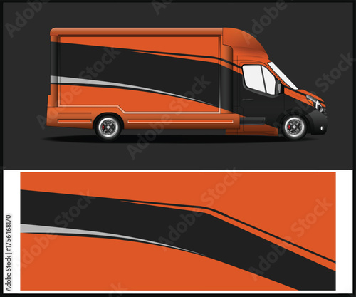Modern orange and black van wrap design with dynamic stripes and geometric accents