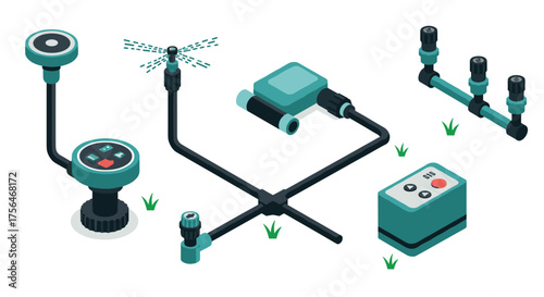 Isometric smart irrigation system components for efficient garden watering