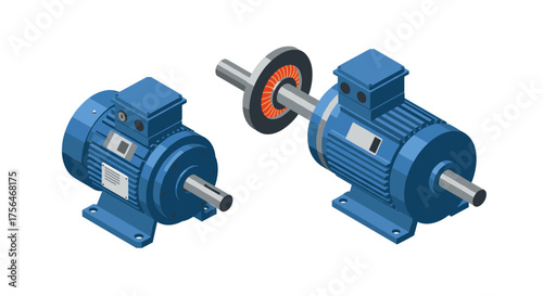 Isometric blue electric motor design with detailed components for industrial use