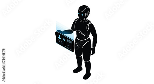 Futuristic robot interacting with a glowing holographic display, symbolizing advanced technology and artificial intelligence.