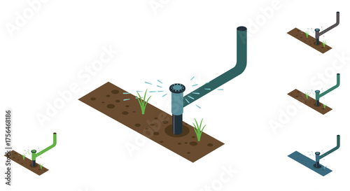 Isometric sprinkler system set on soil patches for efficient lawn watering
