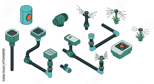 Modern isometric garden irrigation system with sprinklers and smart sensors
