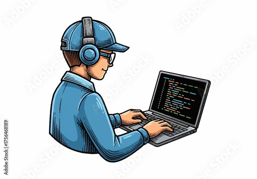 Young Coder Wearing Headphones and Glasses Working on Laptop.