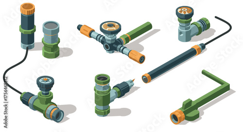 Isometric plumbing tools and valve set with pipes in 3d design