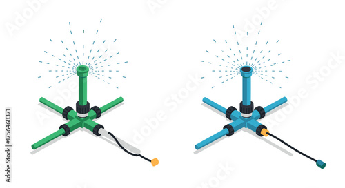 Isometric garden sprinklers with adjustable nozzles and hoses for efficient i…