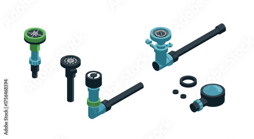 Isometric plumbing tools set with pipes and faucets in blue and green design