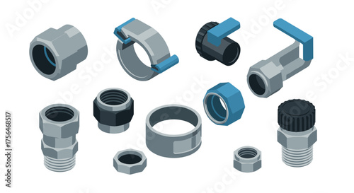 Isometric industrial fittings collection with pipes, nuts, and clamps