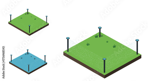 Isometric garden plot with variations in water and grass coverage