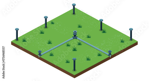 Efficient isometric lawn irrigation system with automatic sprinklers in green…