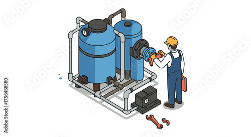 Isometric industrial worker adjusting water treatment tanks