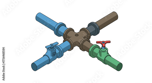 Isometric pipe system with valves in industrial intersection design