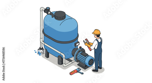 Isometric worker repairing industrial water filtration system with tools