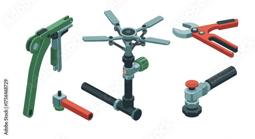 Isometric garden tools and sprinkler system on white background