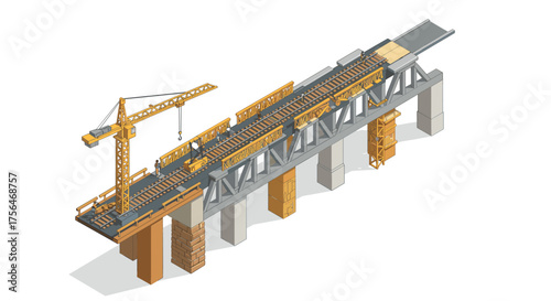 Isometric bridge construction with crane on elevated tracks