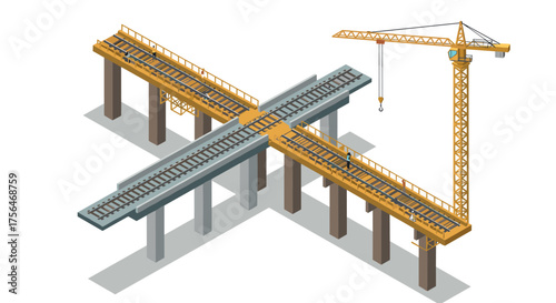Isometric railway bridge construction with crane and tracks in 3d design
