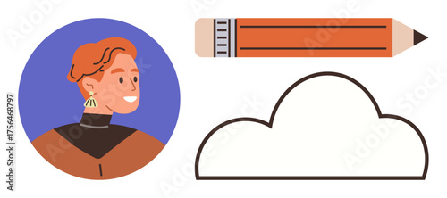 Profile of a smiling individual in a circle frame, orange pencil, and cloud outline. Ideal for creativity, education, writing, imagination, personal branding design thinking self-expression. Simple