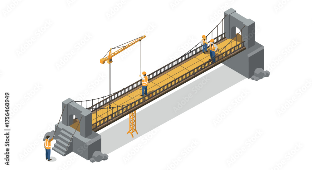 Obraz premium Isometric construction scene with workers building suspension bridge
