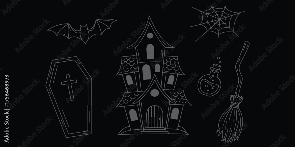 Fototapeta premium Spooky Halloween Haunted House Vector Illustration Coffin Bat Cobweb Potion Broom Dark Silhouette Scary Creepy Party