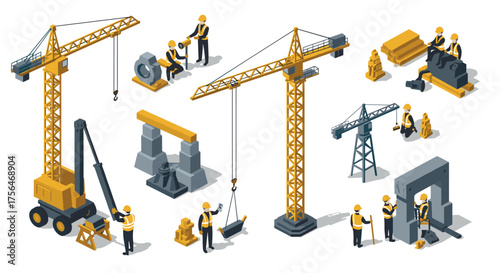Isometric construction scene with cranes and workers at building site