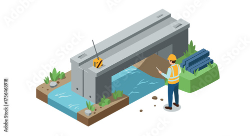 Isometric construction scene with engineer inspecting bridge over river
