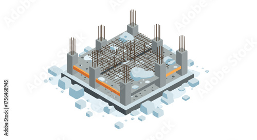 Isometric concrete foundation construction with steel reinforcement and wet c…