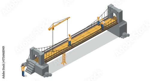 Isometric construction scene with workers building suspension bridge