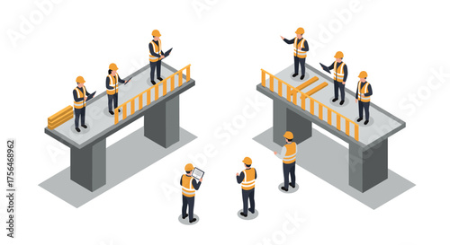 Isometric construction workers on bridge platforms with safety gear and equip…