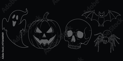 Spooky Outlines Ghostly Figures Carved Pumpkin Skull Bat and Spider Silhouettes for Creepy Minimalist Halloween Art