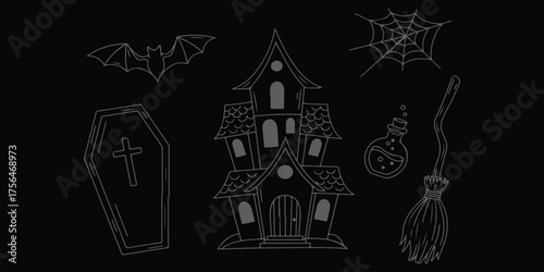 Spooky Halloween Haunted House Vector Illustration Coffin Bat Cobweb Potion Broom Dark Silhouette Scary Creepy Party