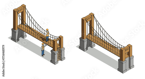 Construction worker on isometric suspension bridge design with safety gear