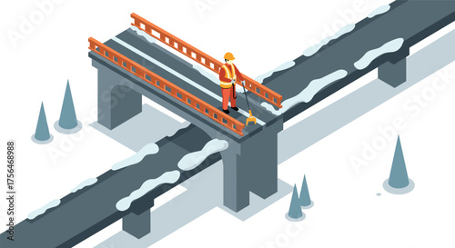 Isometric winter road maintenance: worker on snowy bridge clearing path