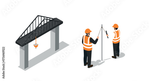 Isometric construction scene with engineers surveying and crane hoisting girders