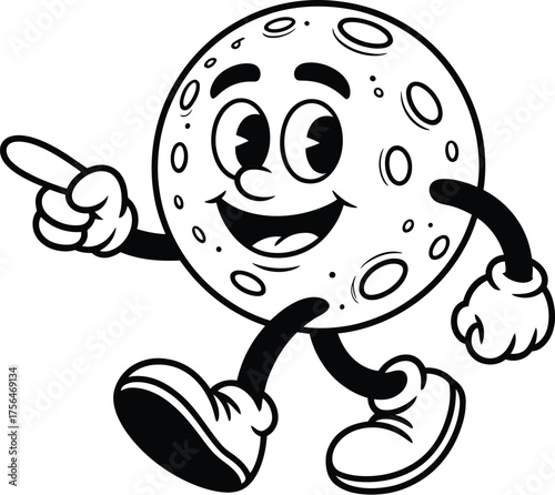 Cartoon moon character with happy face pointing and walking