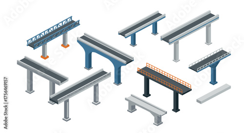 Isometric bridge design elements collection with different styles and colors